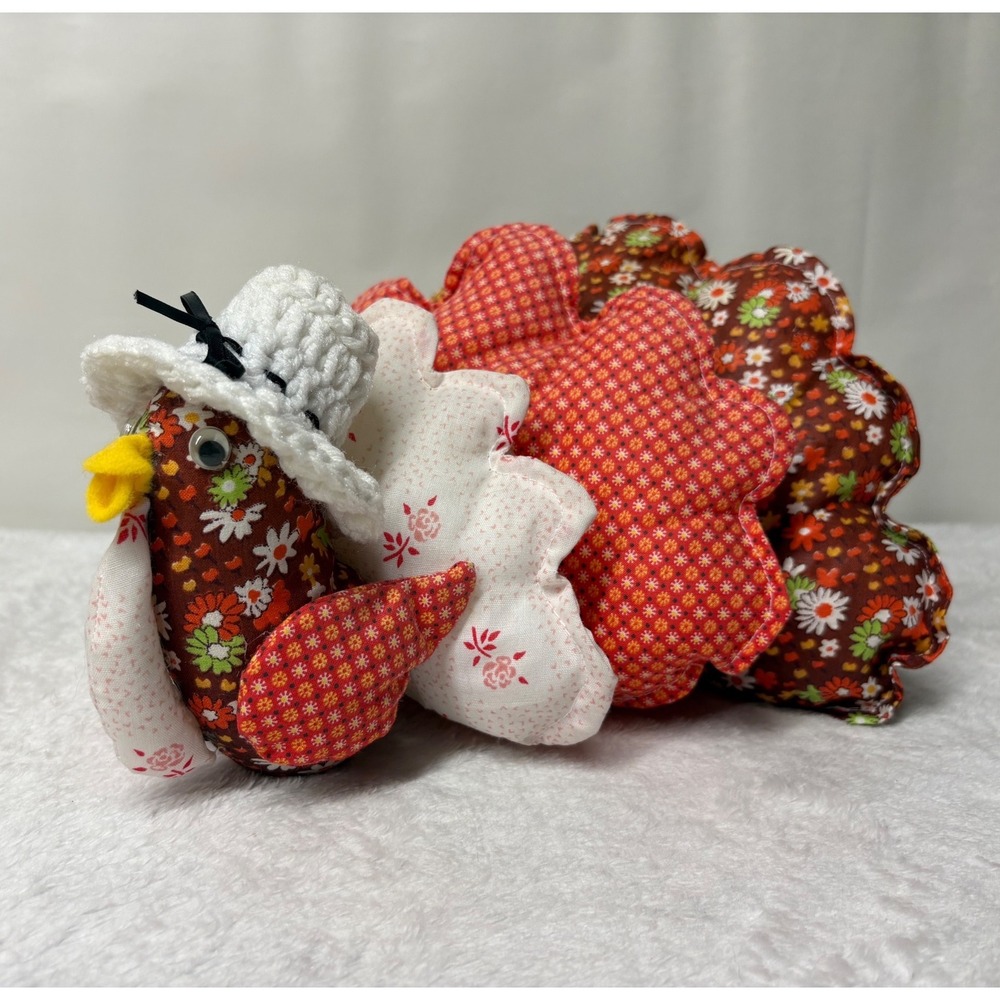 Vintage Handmade Fabric Turkey Plush Thanksgiving Decor Floral Folk Art Cottage